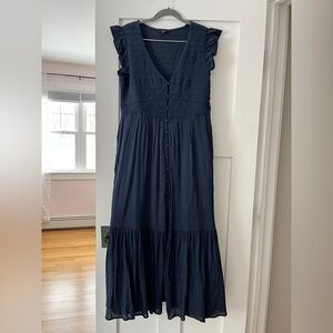 Quince Organic Textured Cotton Smocked V-Neck Midi Dress